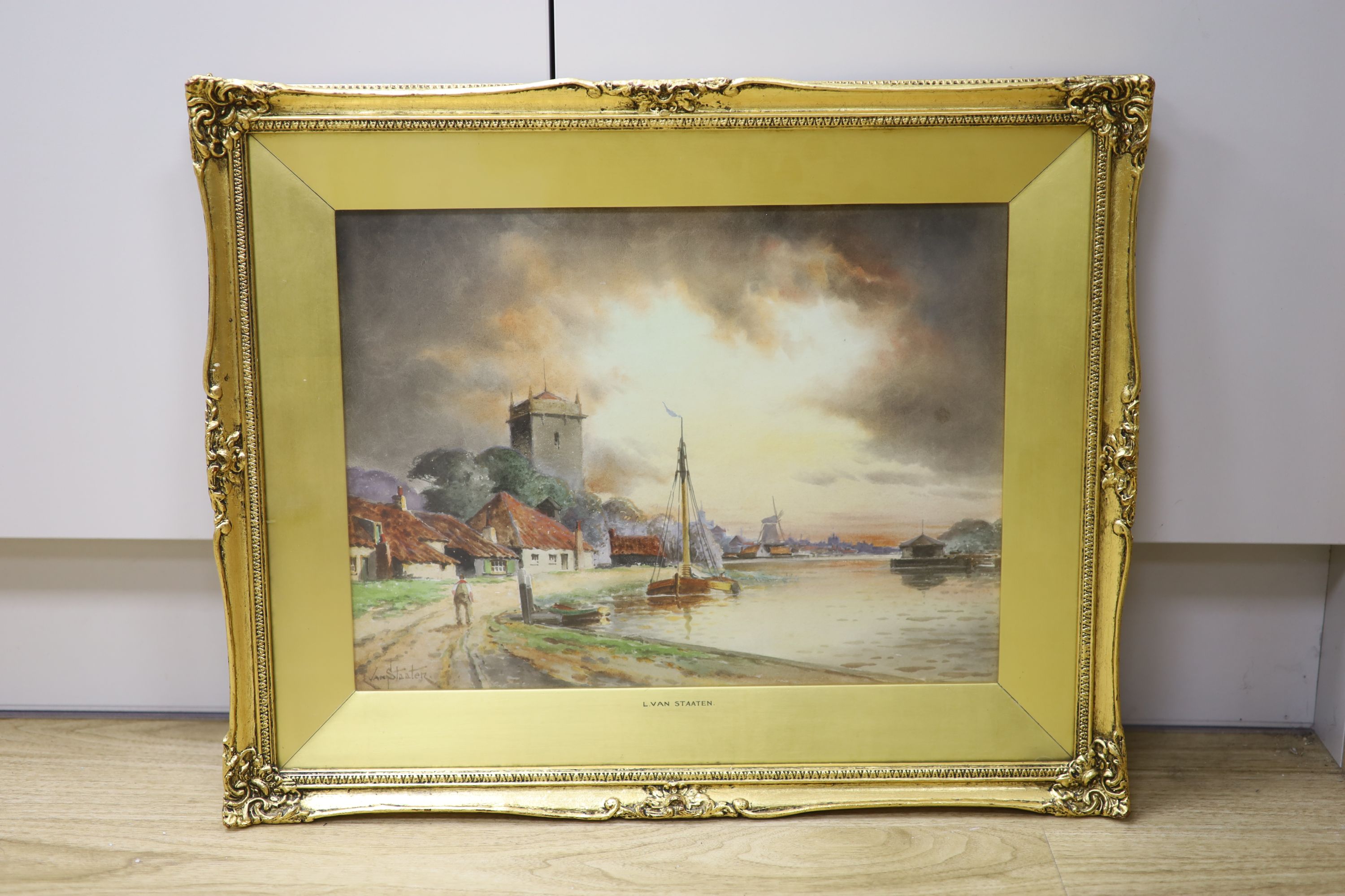 Louise Van Staten, watercolour, Estuary scene with church and windmills, signed, 29 x 39cm